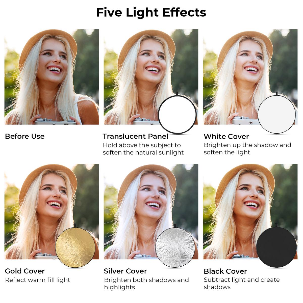 Refletor circular cinco em um 80 cm dourado prateado preto branco translúcido painel de luz suave retrato fotografia ao ar livre bloqueio de luz portátil dobrável acessório para tenda fotográfica K&F Concept