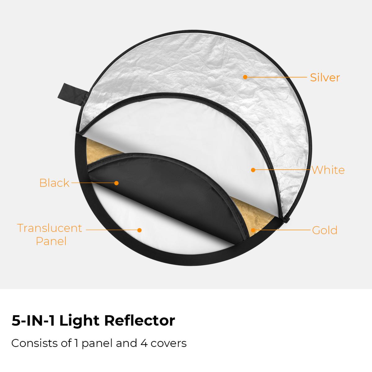 Refletor circular cinco em um 110 cm dourado prateado preto branco translúcido painel de luz suave retrato fotografia ao ar livre bloqueio de luz portátil dobrável acessório para tenda fotográfica K&F Concept