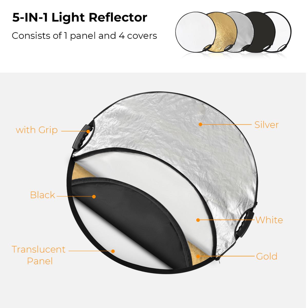Five-in-One Circular Reflector with Handle 80cm Gold Silver Black White Translucent Soft Light Panel Portrait Outdoor Photography Light Blocking Portable Folding Photography Tent Accessory K&F Concept