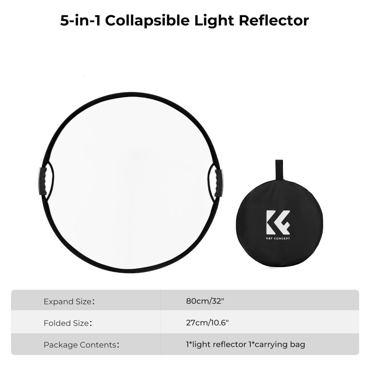 Five-in-One Circular Reflector with Handle 80cm Gold Silver Black White Translucent Soft Light Panel Portrait Outdoor Photography Light Blocking Portable Folding Photography Tent Accessory K&F Concept