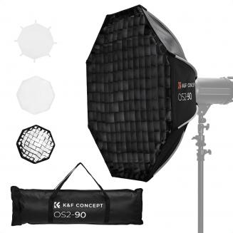 K&F CONCEPT 90cm Octagonal Softbox, Standard Bowens Mount, includes honeycomb mesh, diffuser cloth, and drawstring storage bag. Compatible with all standard Bowens mount fill lights, studio flashes, etc.