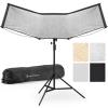 K&F CONCEPT Quick-Open U-Shaped Reflector, 47"x25"/120x65cm, with 4-in-1 reflective fabric, available in black, gold, white, and silver, includes a 1.5m stand and a storage bag. Suitable for photography studio use.