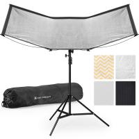 K&F CONCEPT Quick-Open U-Shaped Reflector, 47"x25"/120x65cm, with 4-in-1 reflective fabric, available in black, gold, white, and silver, includes a 1.5m stand and a storage bag. Suitable for photography studio use.
