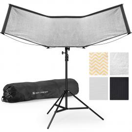K&F CONCEPT クイックオープン U字型リフレクター、サイズ：47インチ×25インチ/120cm×65cm、4in1反射生地使用、カラー：ブラック、ゴールド、ホワイト、シルバー、1.5mスタンドと収納バッグ付属。写真スタジオでの使用に最適です。