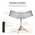 K&F CONCEPT Quick-Open U-Shaped Reflector, 47"x25"/120x65cm, with 4-in-1 reflective fabric, available in black, gold, white, and silver, includes a 1.5m stand and a storage bag. Suitable for photography studio use.