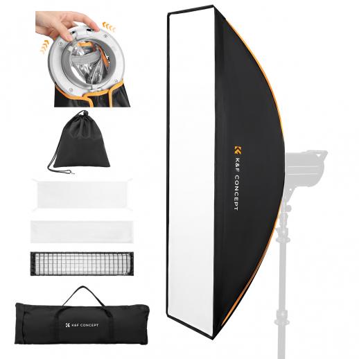 K&F CONCEPT Softbox a striscia a montaggio rapido One-snap da 30x120 cm | Softbox portatile con diffusori/griglia a nido d'ape/borsa a griglia/attacco Bowens standard per fotografia di prodotti in studio con luce COB LK09
