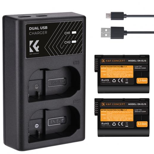 K&F Concept EN EL15 Battery rechargeable 2 pcs dual slot battery charger kit,Camera Battery compatible with Nikon D7000, D7100, D7200, D750, D850, D810, D800, D800E, D750, D610, D600, D500, 1 V1,Shipping country: USA/UK/Canada/EU