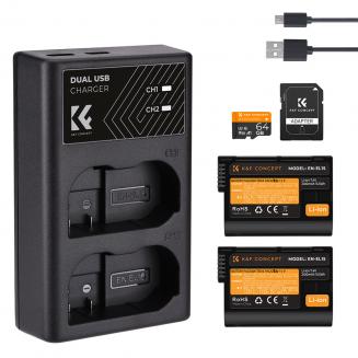 K&F CONCEPT EN-EL15 bateria recarregável 2-pack + carregador de bateria + kit de cartão micro SD de 64GB; Câmeras compatíveis: Nikon D7000, D7100, D7200, D750, D850, D810, D800, D800E, D750, D610, D600, D500, 1 V1