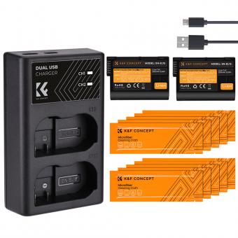 K&F CONCEPT EN-EL15 rechargeable battery 2pcs + charger + 10pcs cleaning cloth kit; compatible cameras: Nikon D7000, D7100, D7200, D750, D850, D810, D800, D800E, D750, D610, D600, D500, 1 V1