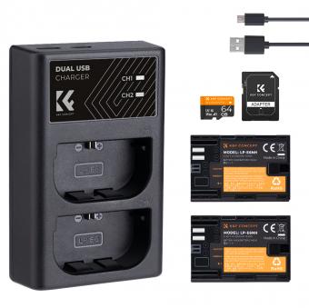 K&F CONCEPT LP-E6NH battery 2-pack + battery charger + 64GB micro SD card kit, Canon cameras with LP-E6NH/LP-E6N/LP-E6 batteries, Canon EOS R5, EOS R6, EOS R, EOS 5D Mark IV, 5D Mark III, 5DS, 5DS R, 5D Mark II, 6D, 6D Mark II, 7D, 7D Mark II,90D, 80D