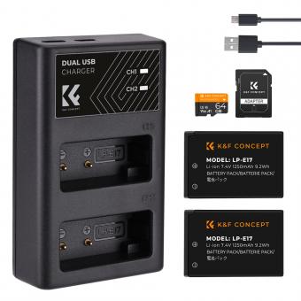 K&F Concept LP-E17 battery 2 pcs dual slot battery charger kit + 64GB micro SD card set, compatible with Camera battery Canon EOS RP, Rebel T8i, T7i, T6i, T6s, SL2, SL3, EOS M3, M5, M6 Mark II, 77D, 200D, 750D, 760D, 800D 8000D
