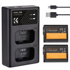 K&F Concept Sony NP-FW50 Quick Dual Battery Charger & Batteries Kit (1100mAh) With Micro USB & Type-C Port, for Sony Alpha 7, A7, Alpha 7R, A7R, A7R II, A7 II, A7S, etc.