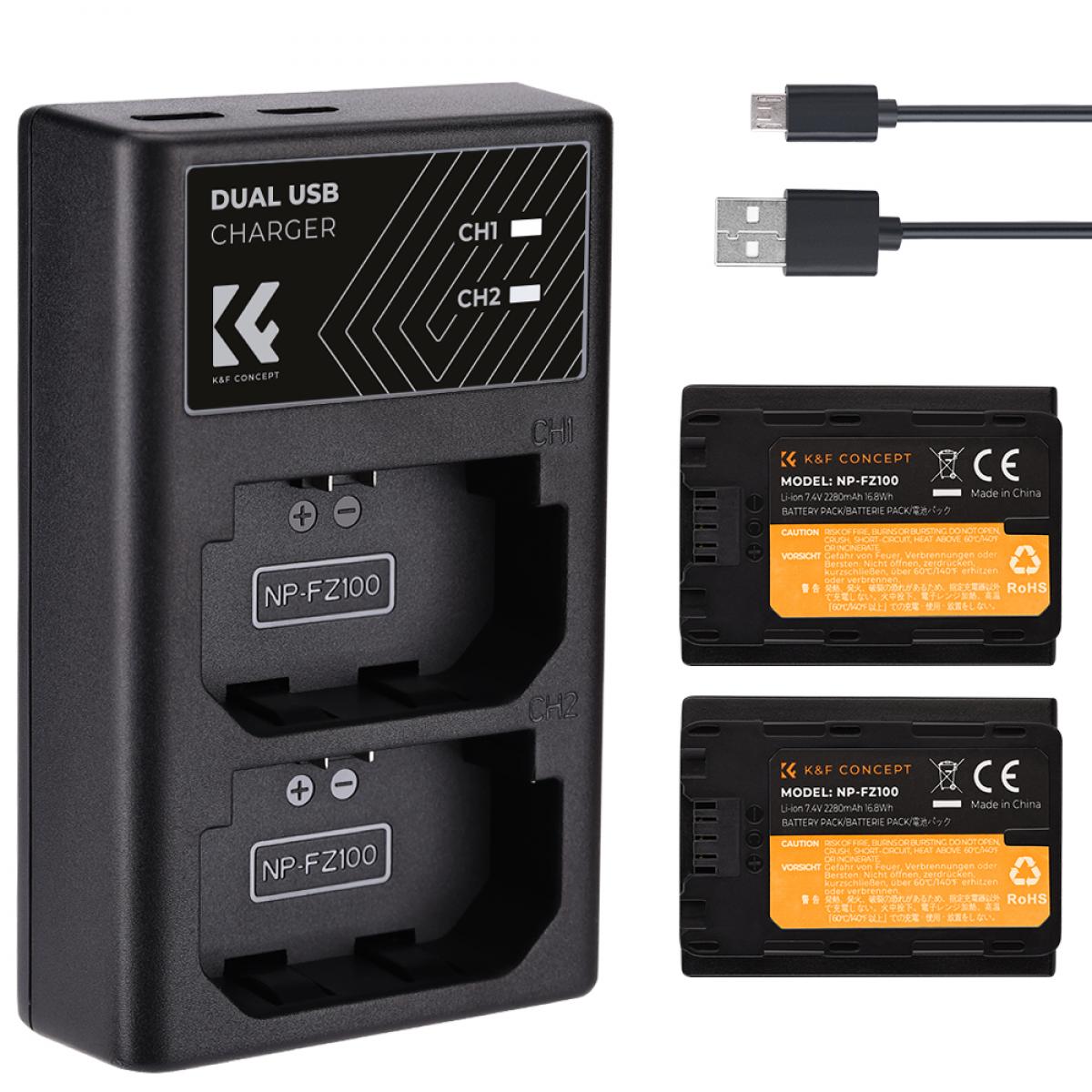 K&F CONCEPT NP-FZ100 battery and dual slot battery charger kit, for  example, for Sony Alpha A7 III, A7R III (A7R3), A9, a6600, a7R IV, Alpha a9  II