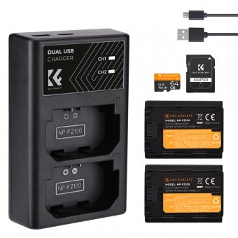 K&F CONCEPT NP-FZ100 battery + NP-FZ100 battery for Sony camera charger + 64GB micro SD card set, such as adapters for Sony Alpha A7 III, A7R III (A7R3), A9, a6600, a7R IV, Alpha a9 II