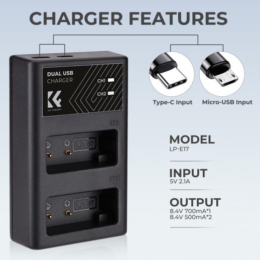 K&F CONCEPT LP-E17 Dual Slot Quick Charger with Micro USB and Type-C Dual  Interface Compatible Batteries Canon EOS RP, Rebel T8i, T7i, T6i, T6s, SL2
