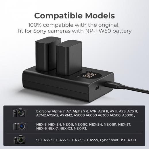 K&F Concept NP-FW50 battery and dual slot battery charger kit for Camera  Battery Sony Alpha 7, A7, Alpha 7R, A7R, A7R II, A7 II, A7S, A7S II, A7M2