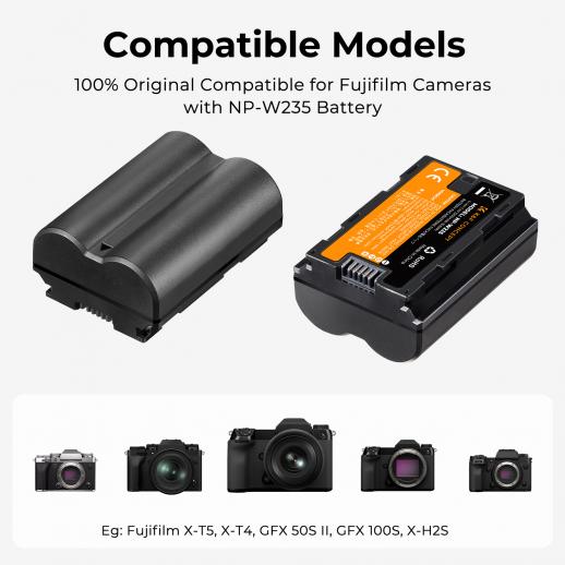 K&F CONCEPT NP-W235 バッテリー充電器セット、デュアルスロット NP-W235 充電器、Fujifilm X-T5、X-T4、GFX 100S、X-H2S、Fujifilm GFX 50S II、VG-XT4 用 (2 x 2200mAh バッテリー、デュアル充電)ポート)