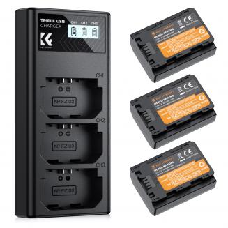 NP-FZ100 Battery and Three Slot Charger, 3-Pack Replacement Battery for Sony A7iii, A7iv, A7C, ZV-E1, FX3, FX30, A9, A6600, A6700, Alpha 9, Alpha 9S, A9S, A7R III, A7R IV, A7R V, 2280mAh