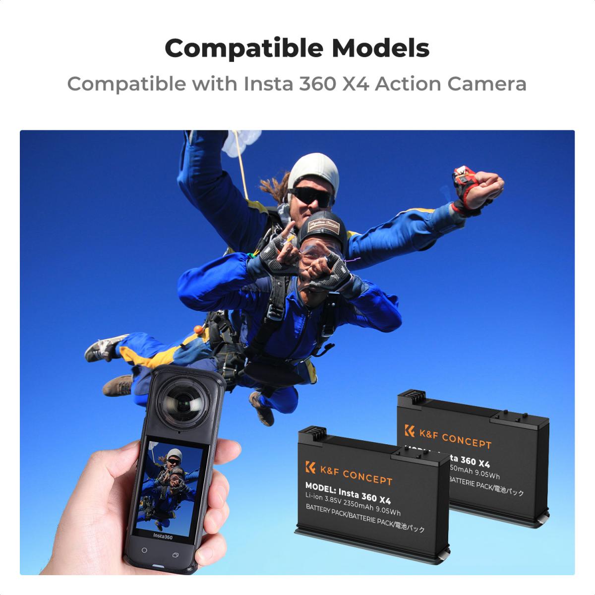 K&F Concept Insta 360 X4 Battery and Charger, 2-Pack 2350mAh X4 Battery and Dual LED Fast Battery Charger for Insta 360 X4 Accessories
