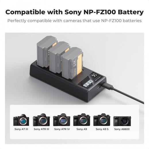 K&F CONCEPT NP-FZ100 (3 Pezzi) – Batterie 2280mAh Con Caricatore LCD A 3 Slot, Per Sony A7 III, A7 IV, A7R III/IV/V, A9, A6600, FX3, FX30 E Altri