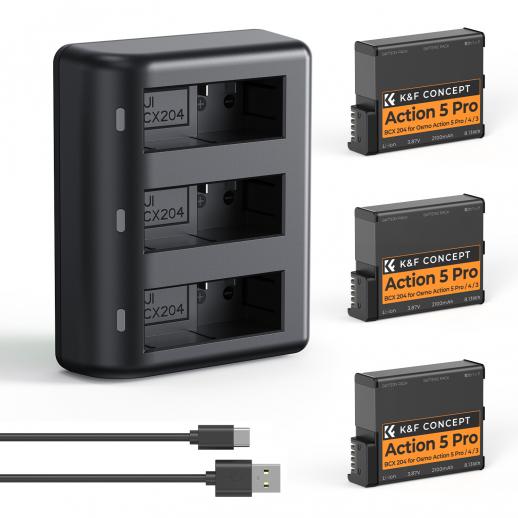 TELESIN 3-Slot Fast Charger Case For DJI Osmo Action 5/4/3 Batteries - PD3.0 With Type-C Cable