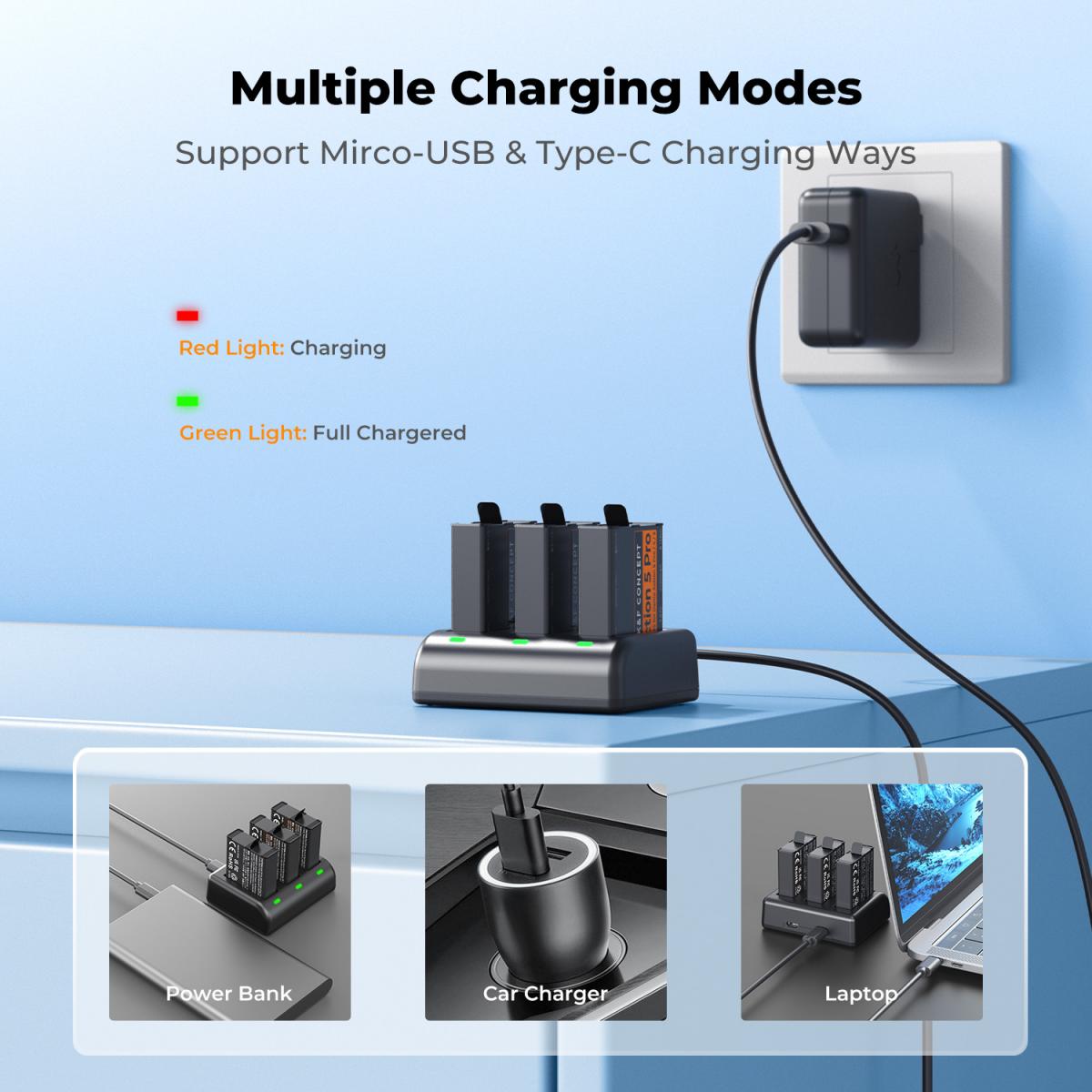 3-Pack Battery For Osmo Action 5 Pro/4/3 Charger Kit And 3-Channel Fast Charger Hub, Compatible For DJI Osmo Action 5 Pro, Action 4, Action 3 Camera, Replacement With Micro-USB Cable And Type-C - View #3