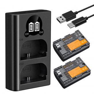 K&F Concept 2400mAh LP-E6P 2-Pack Battery and Dual Slot USB Charger Compatible with EOS R5 Mark II, R5, R62, R6, R7