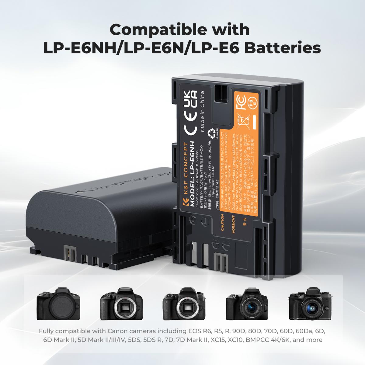 K&F Concept LP-E6NH Replacement Battery and Charger Set, 2 Pack 2600mAh ...