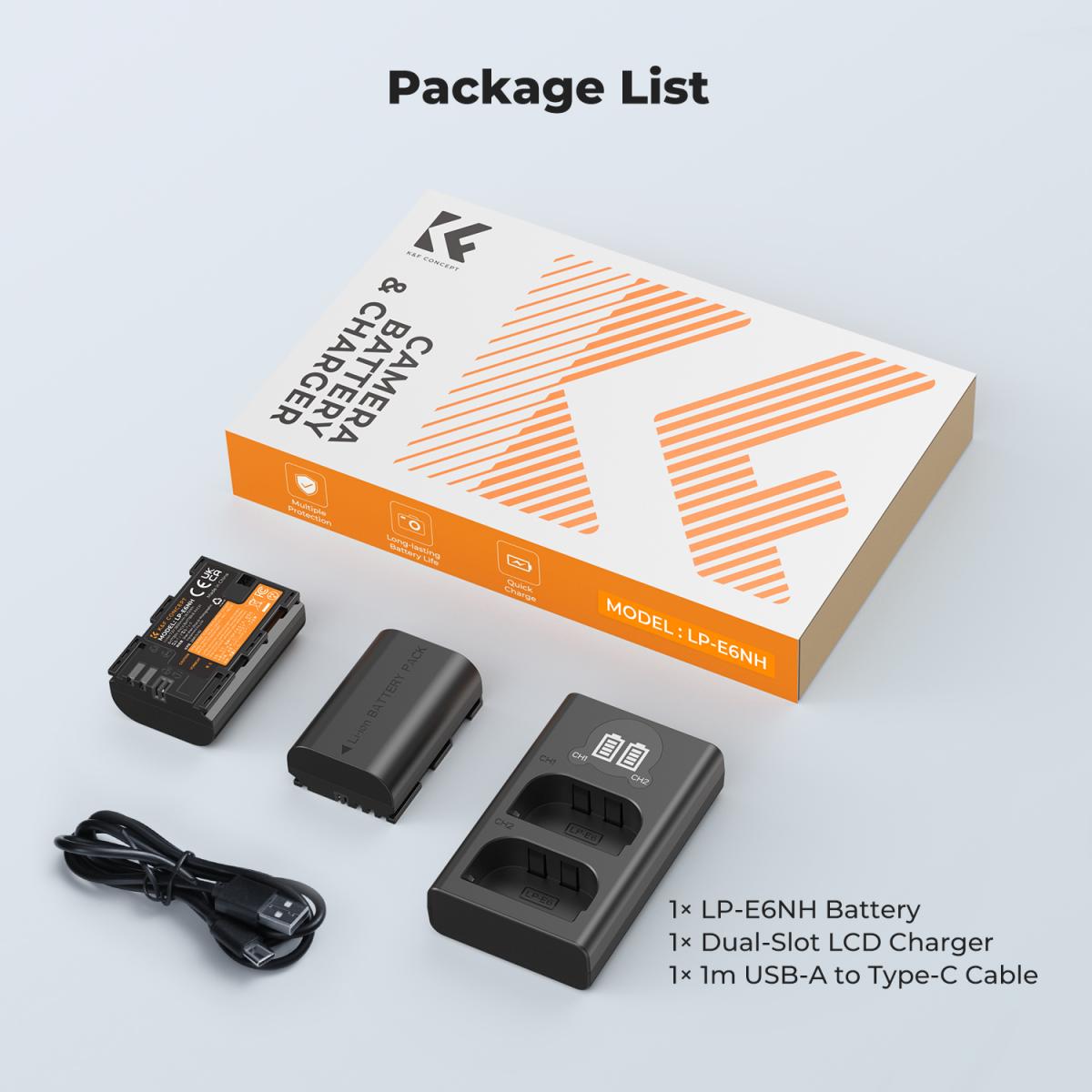 K&F Concept LP-E6NH Replacement Battery and Charger Set, 2 Pack 2600mAh ...