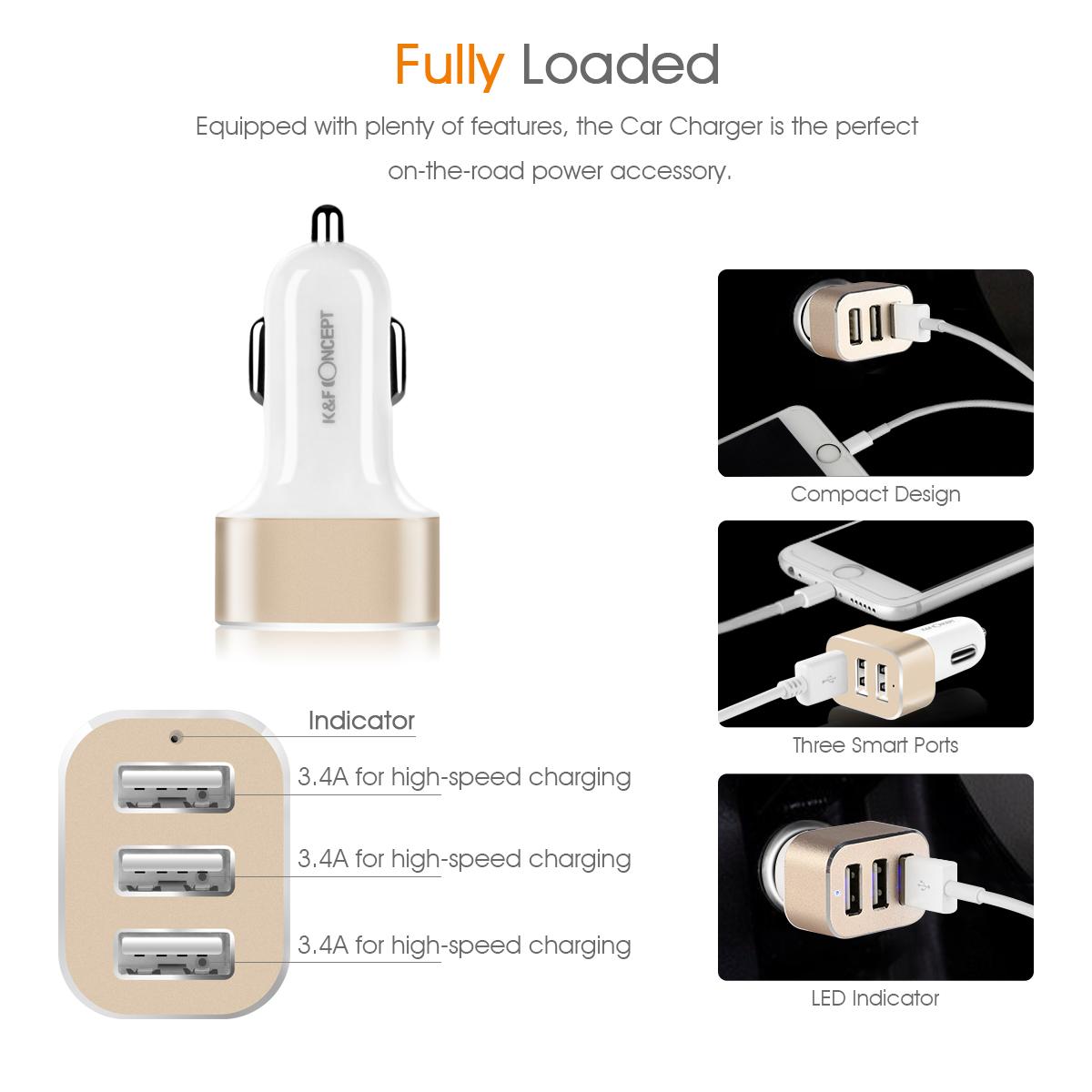 Beschoi USB Car Charger In-vehicle Charger Ultra-rapid Chargeable USB Charger (3 Port Type 3.4A) Ultra-Compact Quick Durable iPhone6s / 6s Plus / 6/6 Plus / iPad / iPod / Android / Galaxy S6 / S6 Edge etc. (White + Golden)