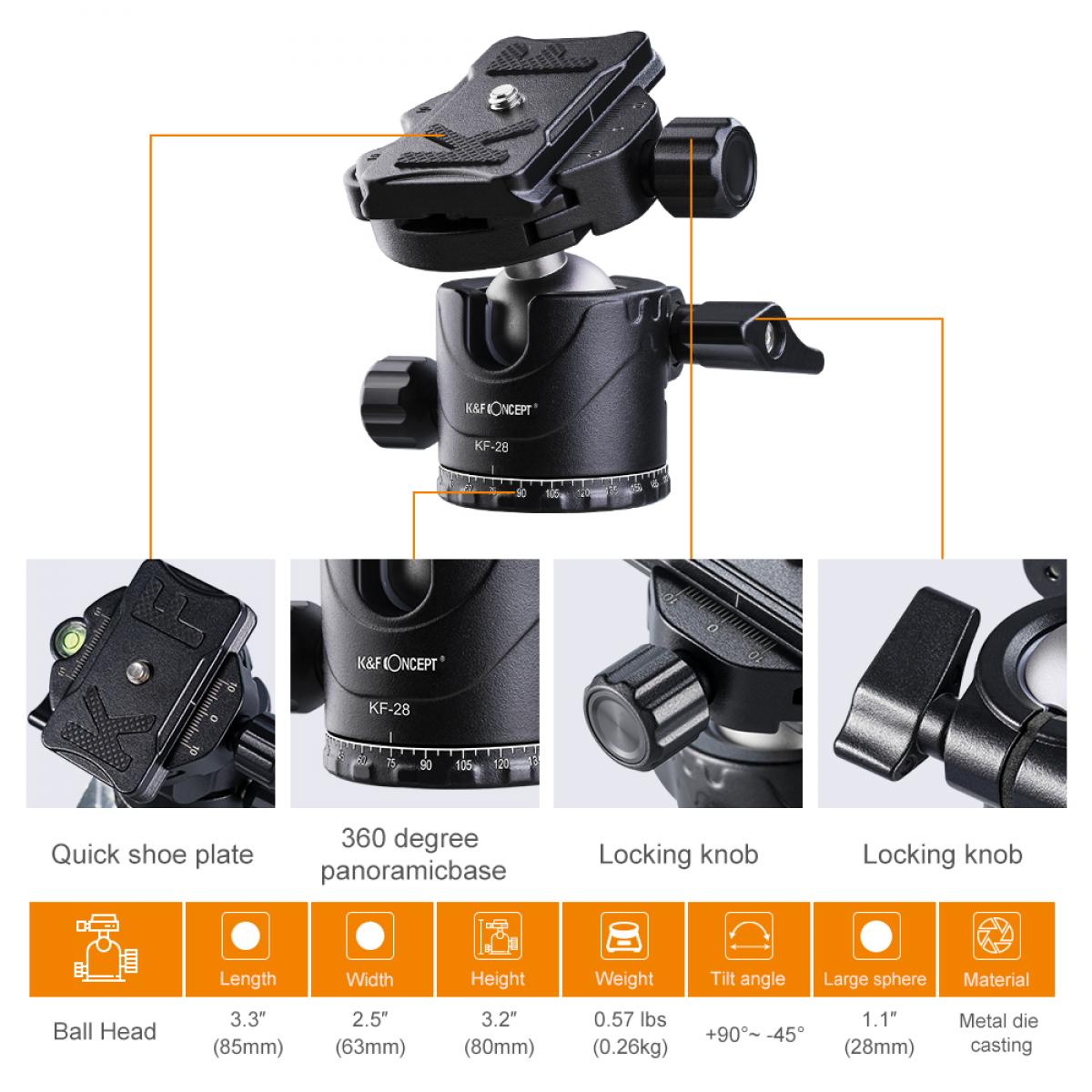 Professional Metal Tripod Ball Head 360 Degree Rotating Panoramic with 1/4 inch Quick Release Plate Bubble Level for Tripod Monopod Slider Camera Camcorder up to 22 pounds/10 kilograms