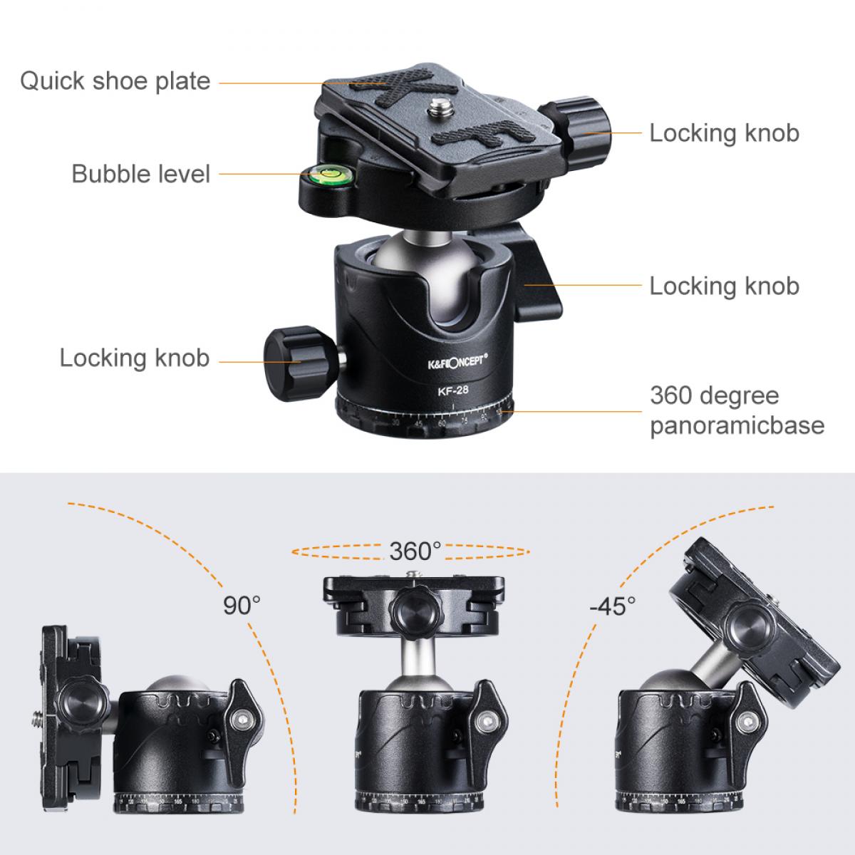 Professional Metal Tripod Ball Head 360 Degree Rotating Panoramic with 1/4 inch Quick Release Plate Bubble Level for Tripod Monopod Slider Camera Camcorder up to 22 pounds/10 kilograms