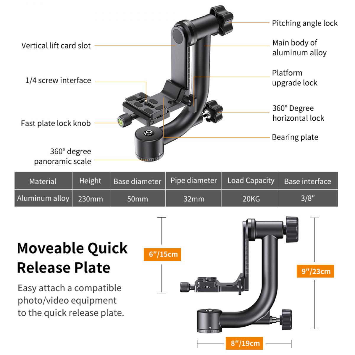 Tripod Head 44lbs/20kg Load Professional Heavy Duty 360° Pantilt with 1/4'' Standard Quick Release Plate & Bubble Level