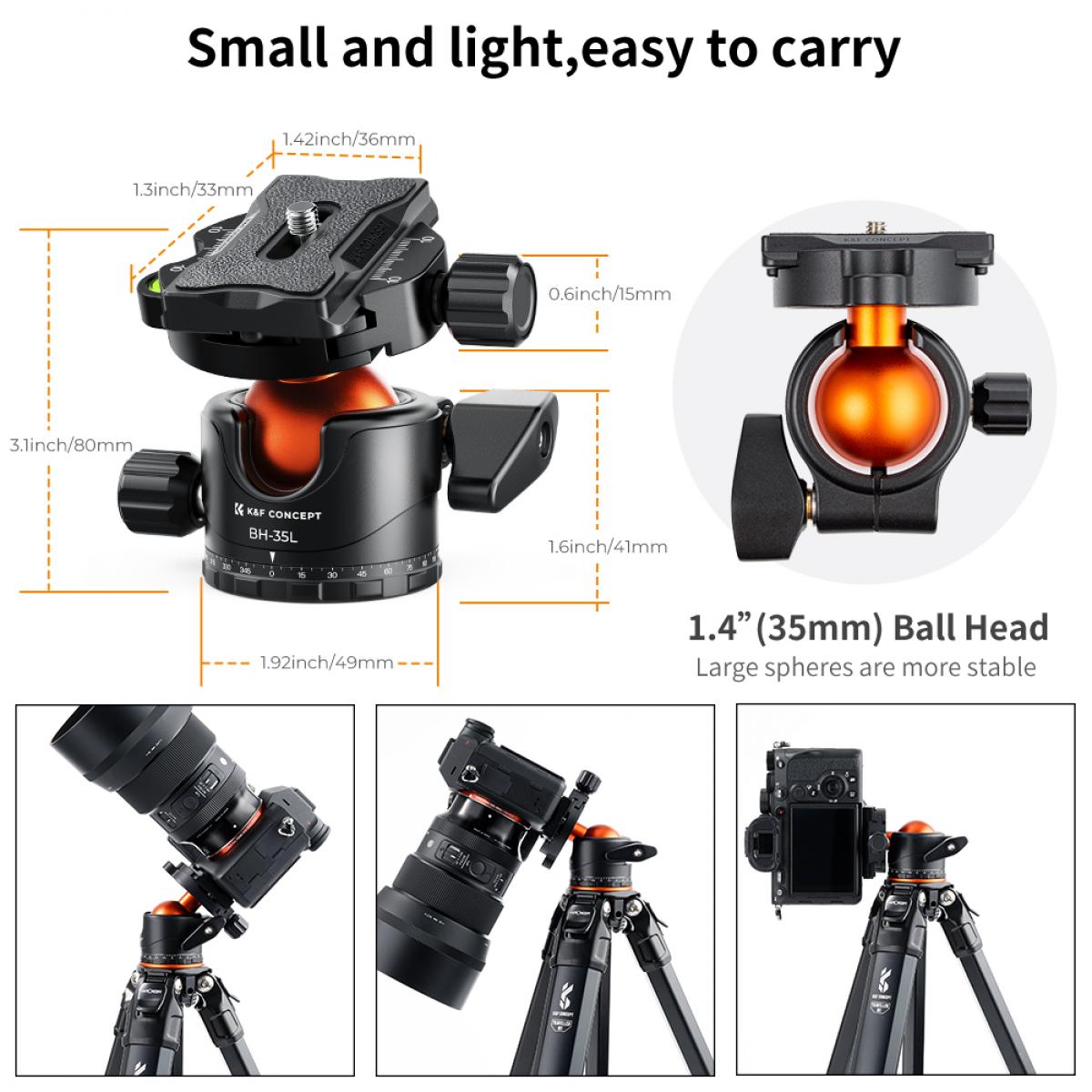 Professional 35mm Metal Tripod Ball Head 15kg/33lbs Load 360 Degree  Rotating Panoramic with 1/4 inch Quick Release Plate K&F Concept-35 Series