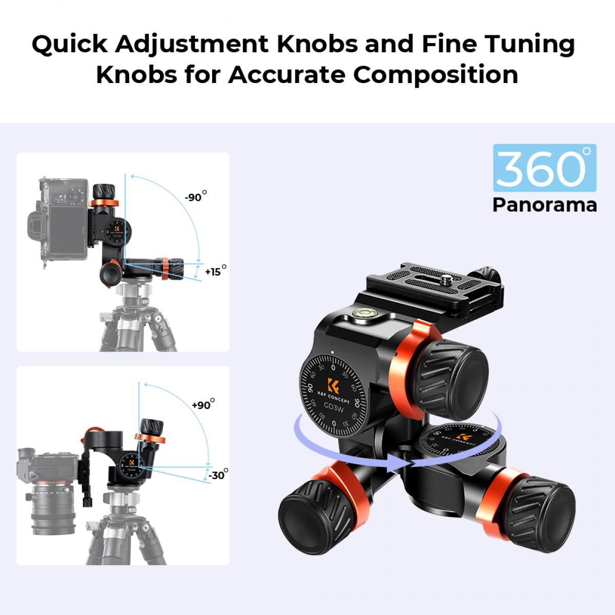 K&F Concept 3-Way Geared Tripod Head CNC Process Aluminum Alloy,  High-Precision Fluid Head Load Capacity up to 13.2lbs/6kg,for Photography  Equipments