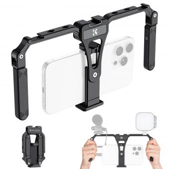 Smartphone Video Rig with Dual Handles, Foldable Aluminum Video Stabilizer Phone Video Rig Compatible for iPhone,Samsung, Huawei Cellphone,1/4-inch Screw Ports for Fill Light, Microphone