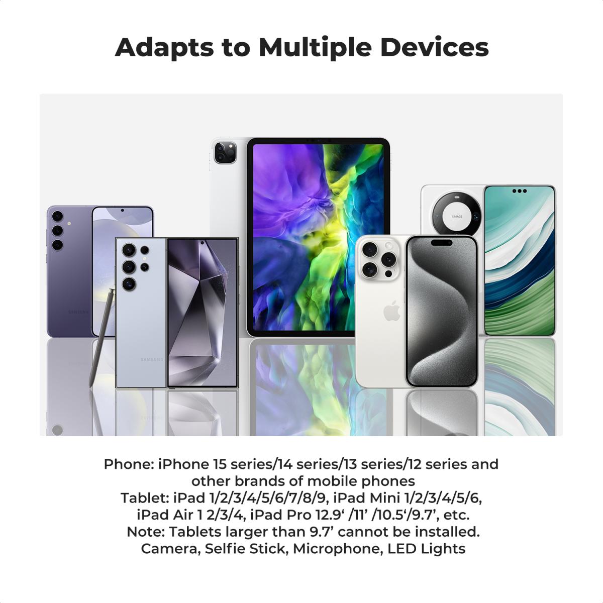 K&F Concept iPad 태블릿 및 휴대폰 삼각대 마운트 어댑터 홀더, iPhone15/14/13/12 Pro Max, iPad,iPad Mini 1/2/3/4/5/6,iPad Air,iPad Pro,Surface,Samsung Tab용 조절식 클램프 7.0 시리즈 및 기타