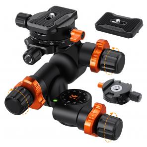 K&F Concept Geared Tripod Head, 360°Panoramic 3-Way Ballhead with Quick Release Plate, 6KG Load-bearing for Macro, Star Shooting, Commercial Photography