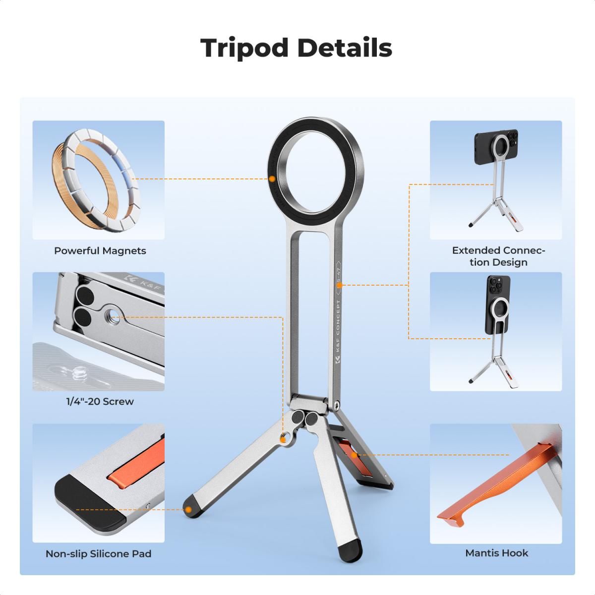 K&F CONCEPT Magnetic Phone Tripod Stand, 23N Strong Magnetic Mini Tripod Aluminium Alloy Pocket Selfie Stick, Mag Safe Phone Holder Compatible with iPhone 17 16 15 14 13 12 Series(Silver)