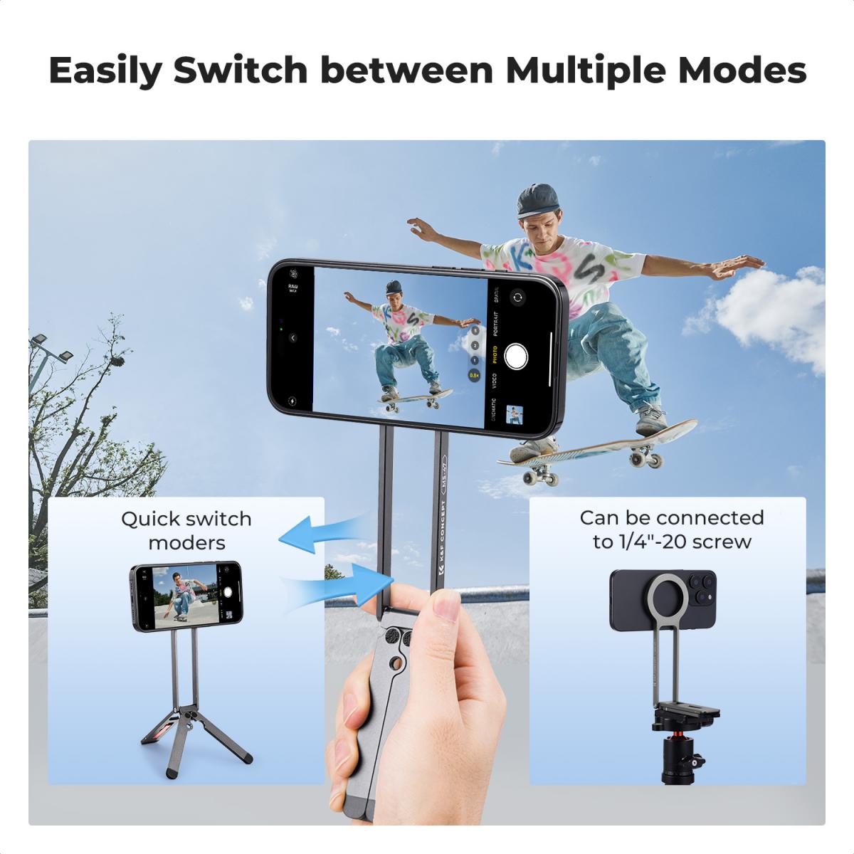 K&F CONCEPT Magnetic Phone Tripod Stand, 23N Strong Magnetic Mini Tripod Aluminium Alloy Pocket Selfie Stick, Mag Safe Phone Holder Compatible with iPhone 17 16 15 14 13 12 Series(Gray)