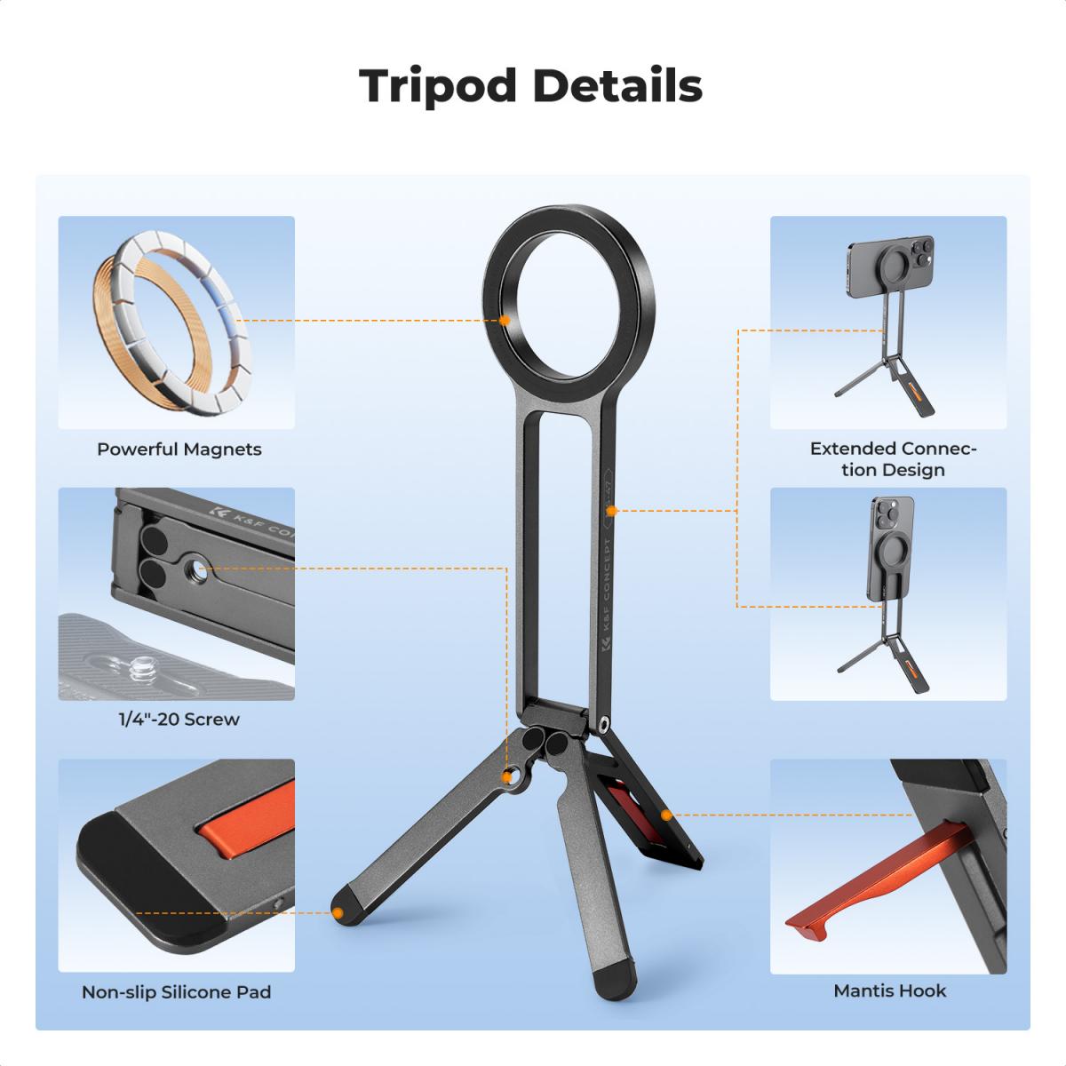 K&F CONCEPT Magnetic Phone Tripod Stand, 23N Strong Magnetic Mini Tripod Aluminium Alloy Pocket Selfie Stick, Mag Safe Phone Holder Compatible with iPhone 17 16 15 14 13 12 Series(Gray)
