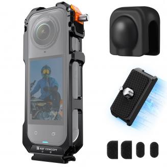 K&Fコンセプトカメラケージ（Insta360 X5用）、耐久性のあるアルミニウム合金製保護ケース、クイックリリースノブ、内蔵コールドシューマウント、1/4インチネジ、シリコンレンズカバーアクションカメラフレーム