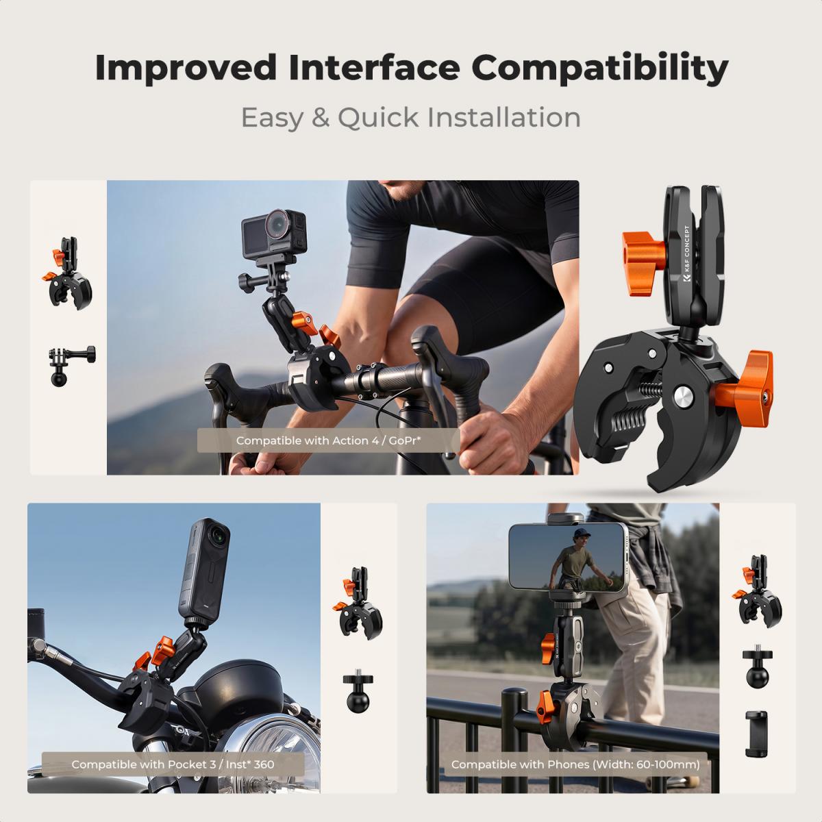 K&F CONCEPT Motorcykelcykelklemmebeslag 360° kuglehoved til actionkamera Justerbart styrklemmebeslag til cykling/motorcykel/cykel/håndtag/rundt rør (0,31-1,85"), MS66