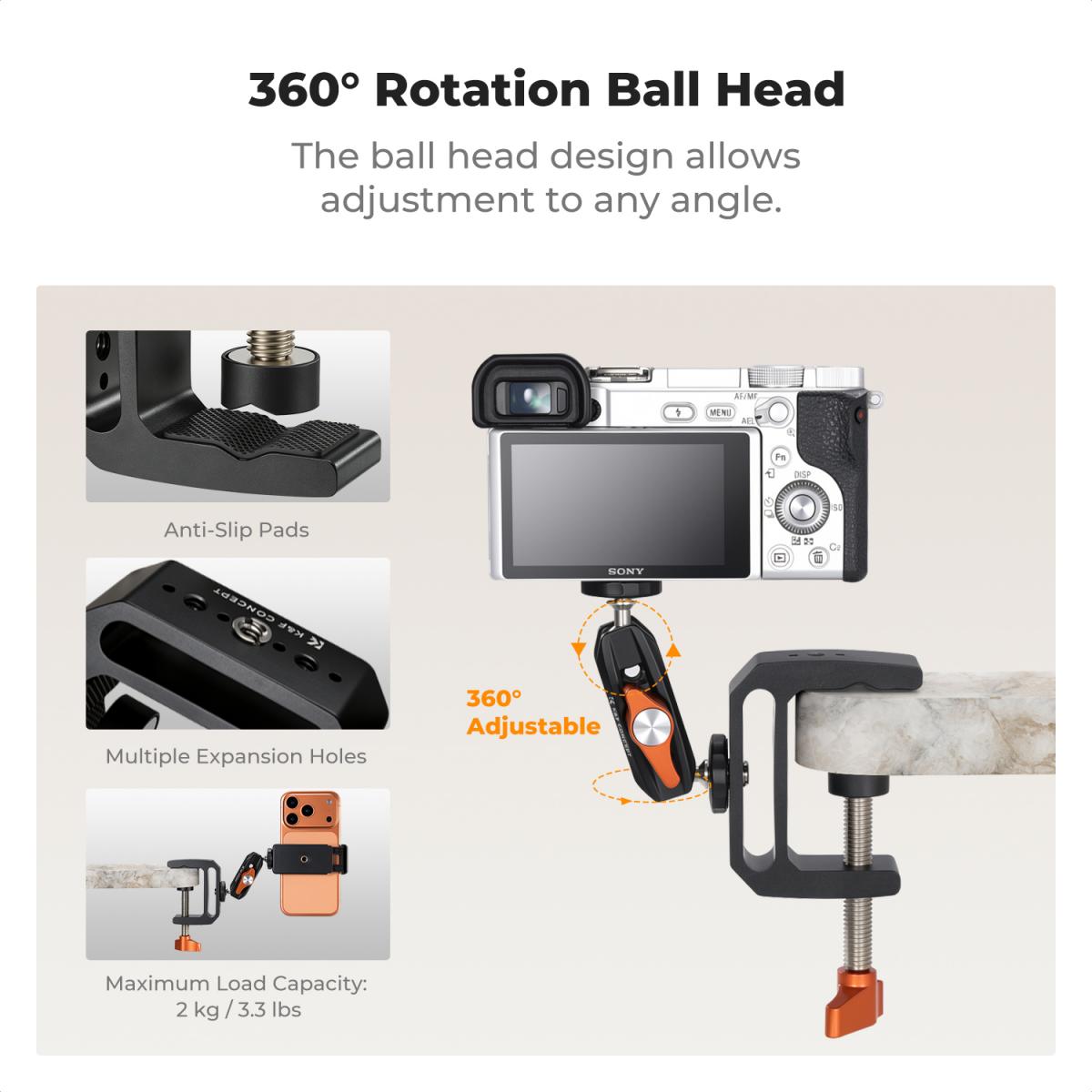K&F CONCEPT Kamera C-klemmebeslag med dobbelt kuglehoved Magic Arm 360° justerbar klemme skrivebordsmontering, til actionkamera, skærm, LED-lys og mikrofon