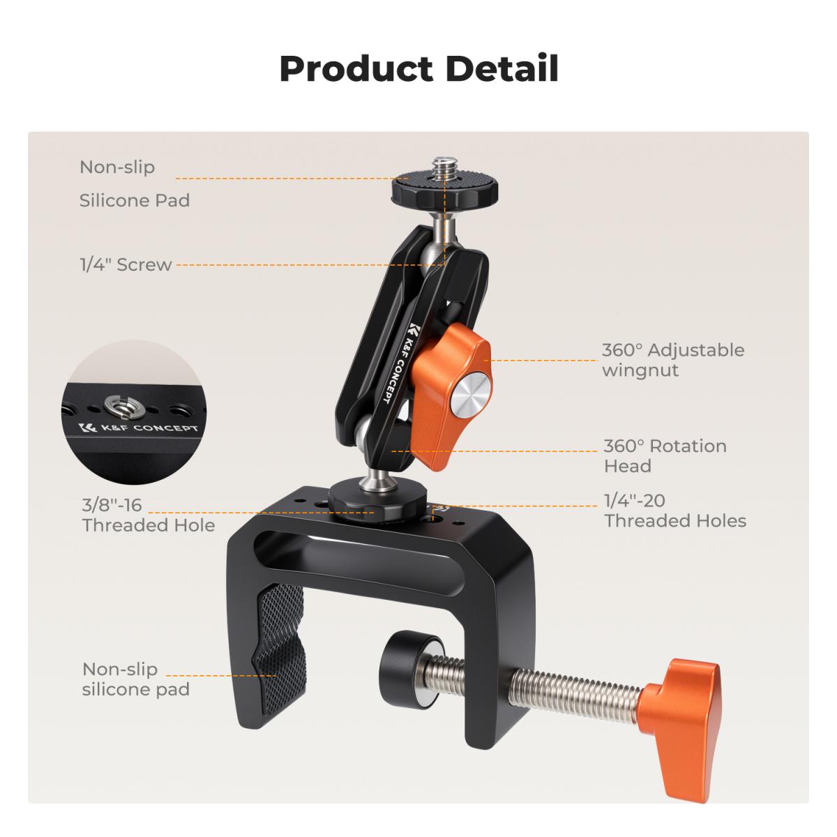 K&F CONCEPT Kamera C-klemmebeslag med dobbelt kuglehoved Magic Arm 360° justerbar klemme skrivebordsmontering, til actionkamera, skærm, LED-lys og mikrofon
