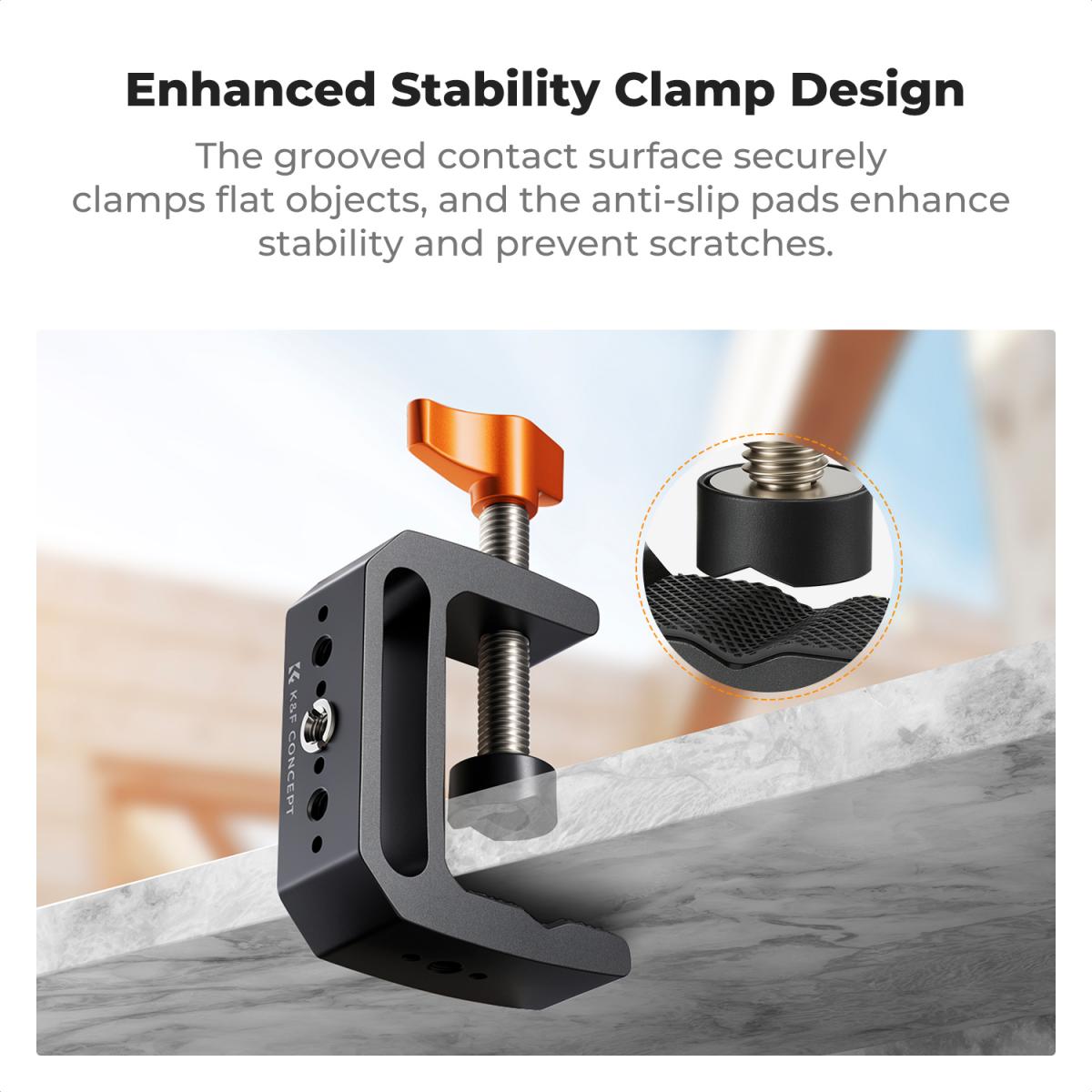 K&F CONCEPT Kamera C-klemmebeslag med dobbelt kuglehoved Magic Arm 360° justerbar klemme skrivebordsmontering, til actionkamera, skærm, LED-lys og mikrofon