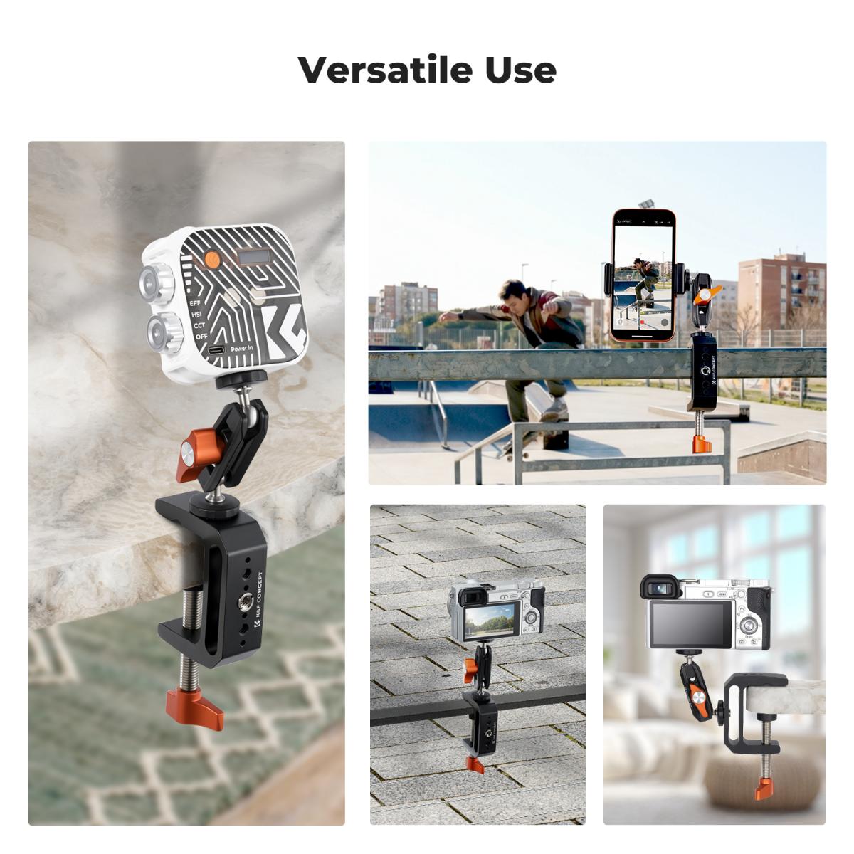 K&F CONCEPT Kamera C-klemmebeslag med dobbelt kuglehoved Magic Arm 360° justerbar klemme skrivebordsmontering, til actionkamera, skærm, LED-lys og mikrofon
