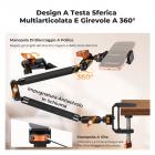 Supporto da scrivania K&F CONCEPT da 22" con braccio magico e morsetto a C, supporto per fotocamera dall'alto con doppio braccio snodato a sfera per telefono, action camera, luce LED, microfono e webcam, capacità di carico 1 kg.