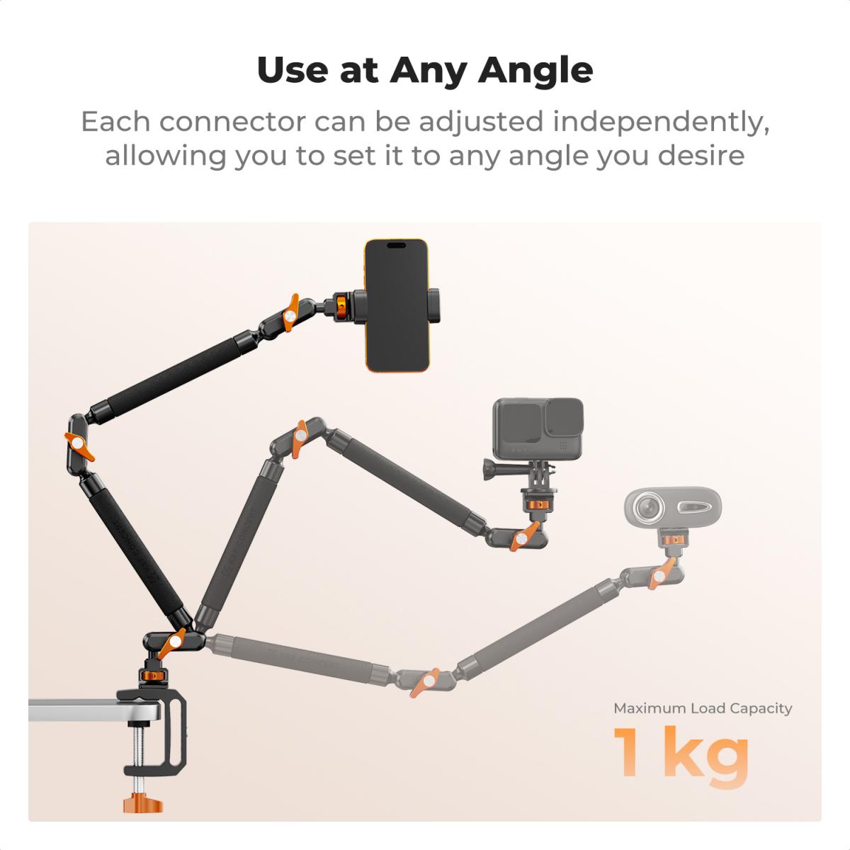 K&F CONCEPT 22" Magic Arm skrivebordsbeslag med C-klemme, overheadkamerabeslag med leddelt dobbelt kuglehovedarm til telefon, actionkamera, LED-lys, mikrofon og webcam, 1 kg lasteevne
