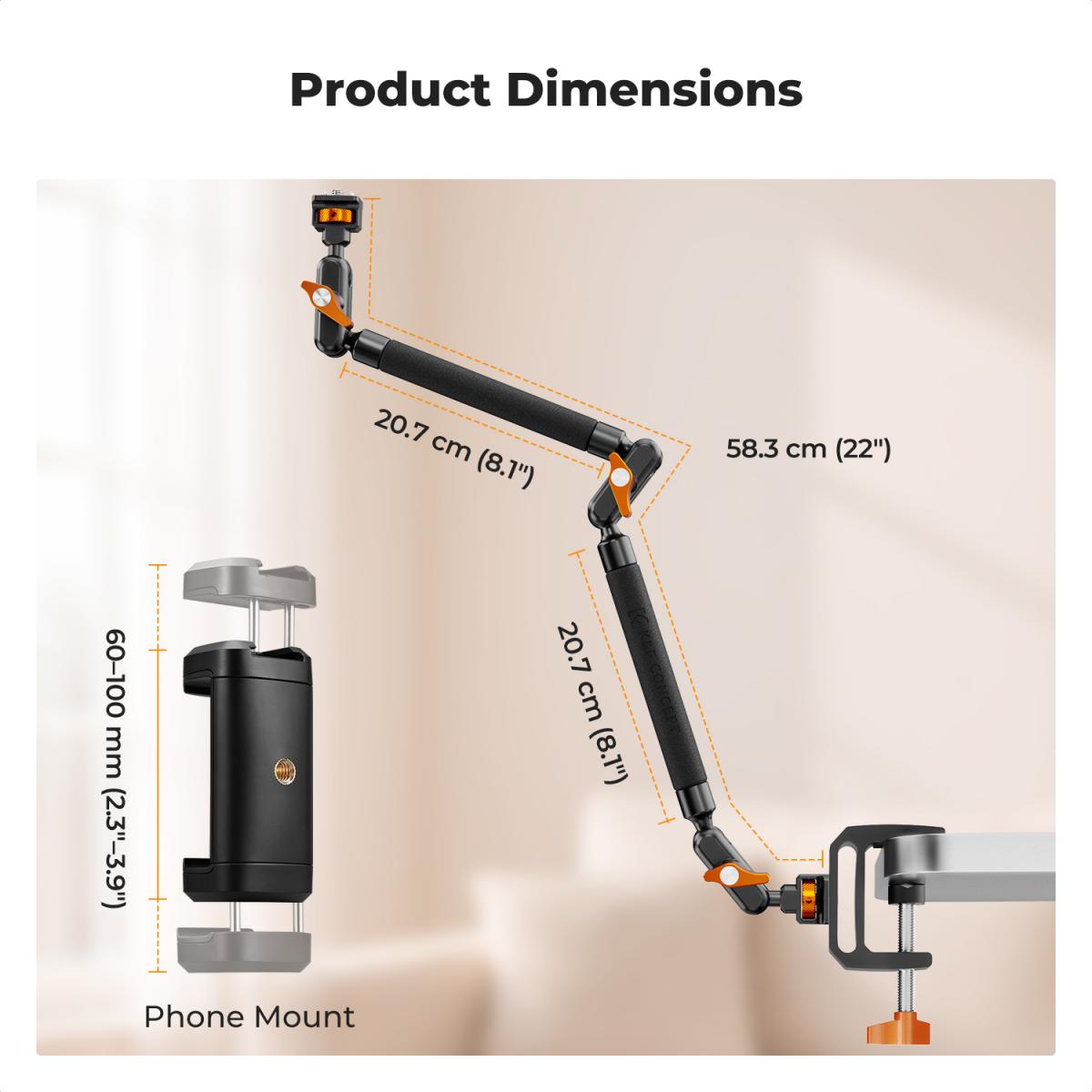 K&F CONCEPT 22" Magic Arm skrivebordsbeslag med C-klemme, overheadkamerabeslag med leddelt dobbelt kuglehovedarm til telefon, actionkamera, LED-lys, mikrofon og webcam, 1 kg lasteevne